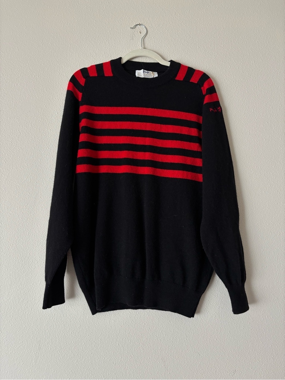 Pringle of Scotland 100% Scottish Wool Black Crewneck Sweater with Red Stripes